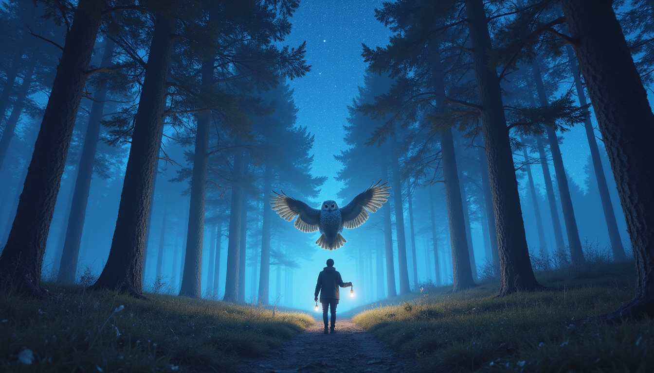 Spectral owls guiding a lone traveler through starry forest, feathers like lanterns