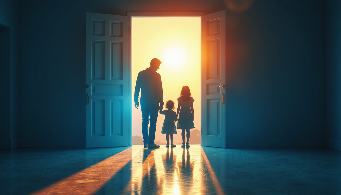  Family silhouette inside home, soft morning sun, protective blue glow around doorway, Hebrew scroll visible