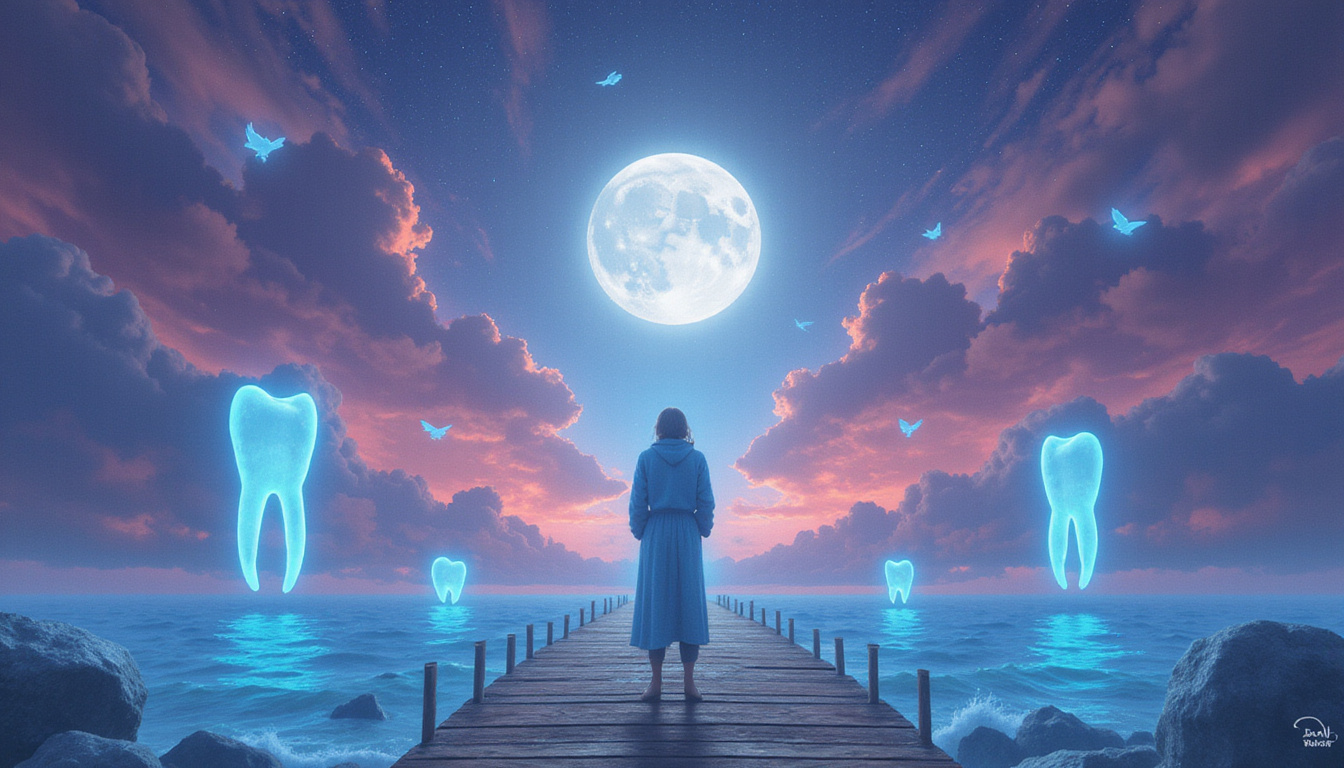 Ethereal interpreter examining glowing icons, teeth, doors, birds, stairs, moon, fire, ocean, soft pastel haze