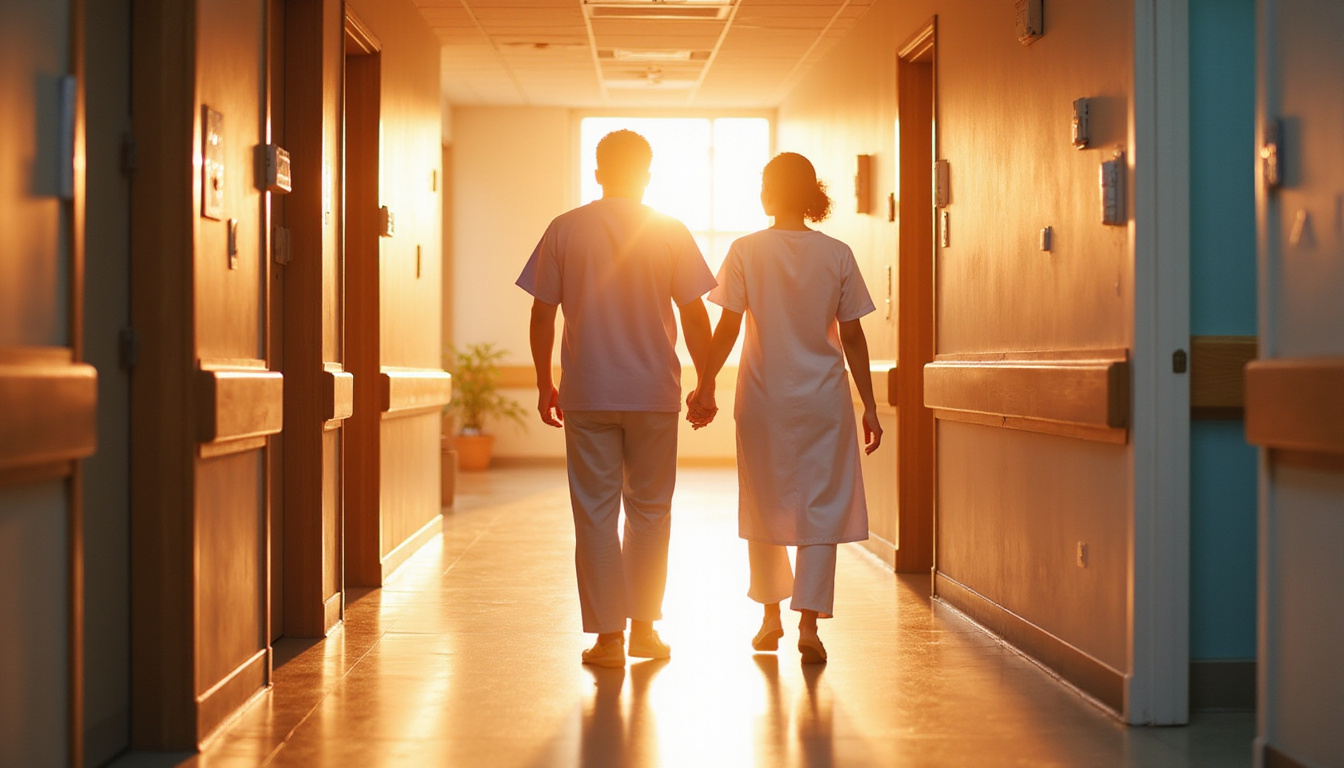 Hopeful recovery scene: patient walking with therapist beside sunlit hospital corridor, warm tones, photorealistic