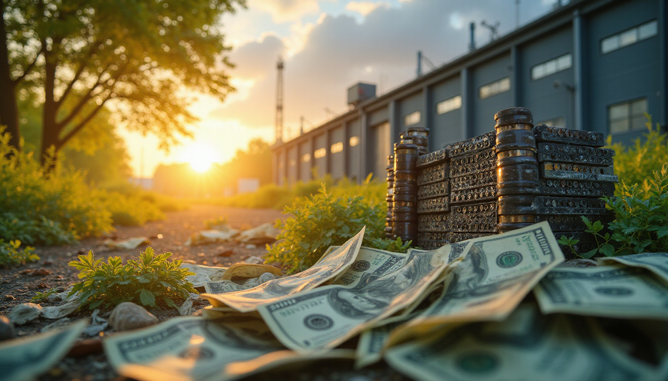  Industrial e-waste facility stacked batteries, piles of cash morphing into green leaves, sunrise