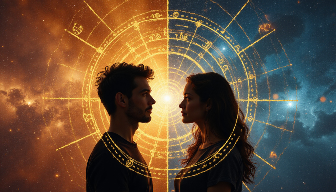 Two silhouettes connected by golden thread, astrology symbols orbiting, revealing relationship strengths and secrets