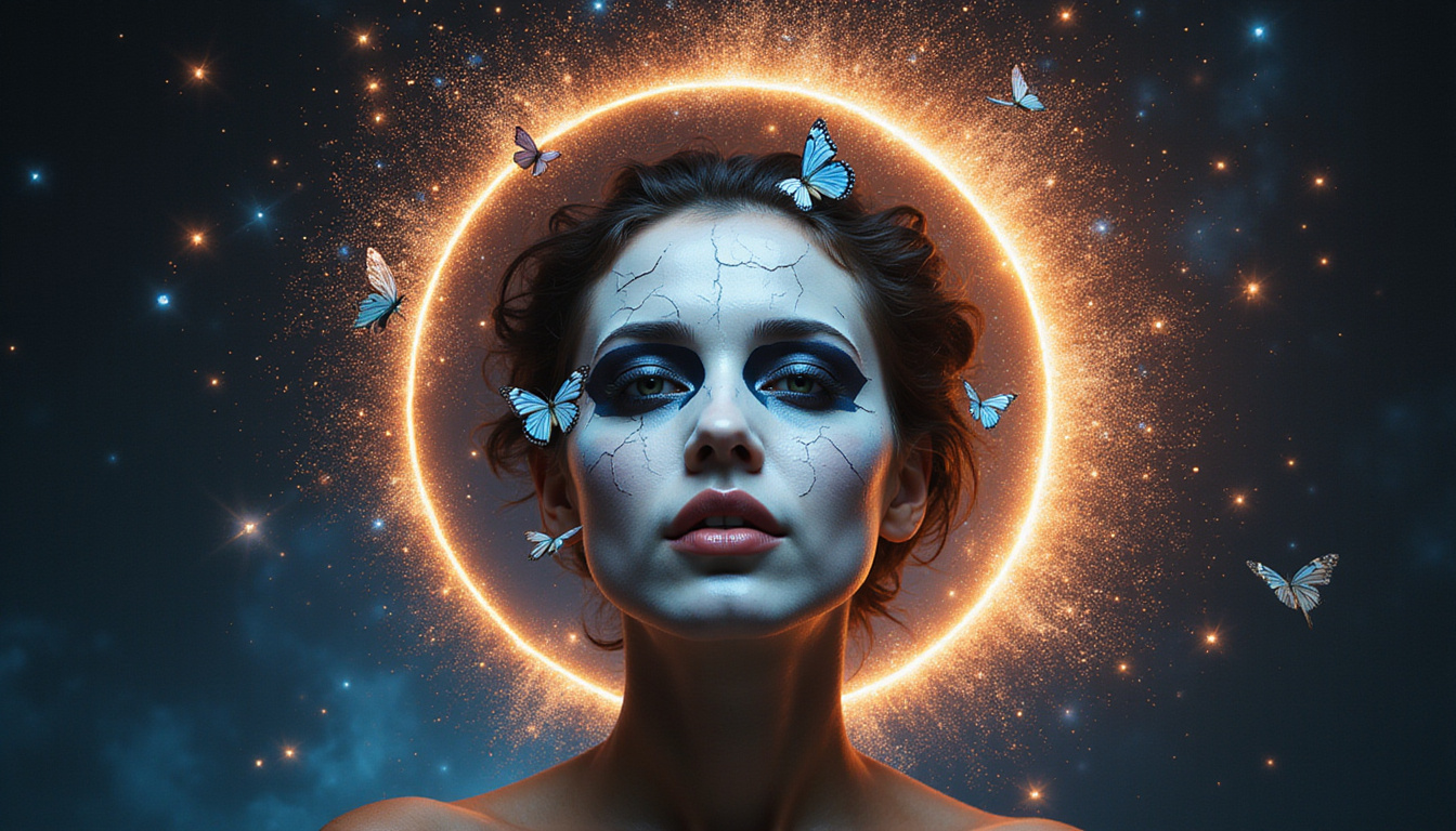 Luminous eclipse revealing primal feminine power, cracked porcelain mask shedding butterflies into stardust