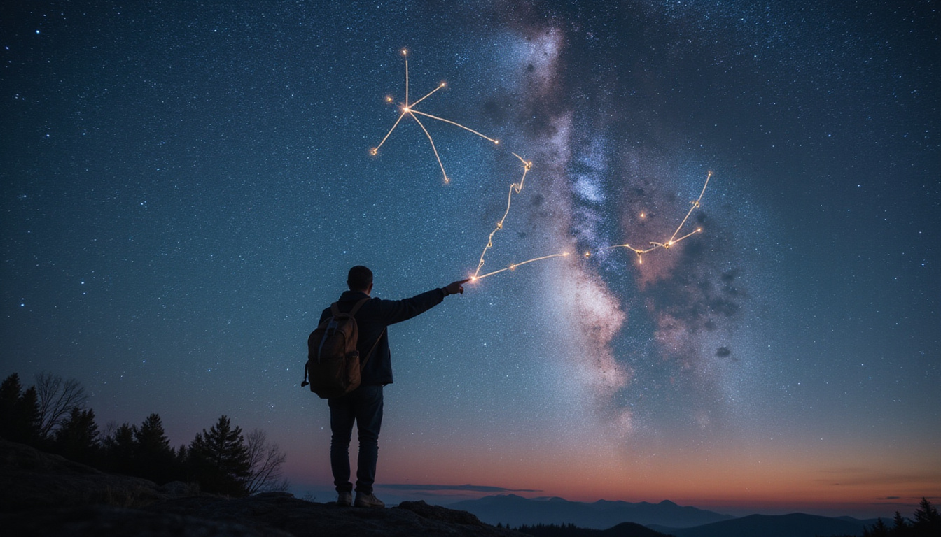  Traveler silhouette pointing at illuminated life-path locations, celestial constellations, golden latitude lines