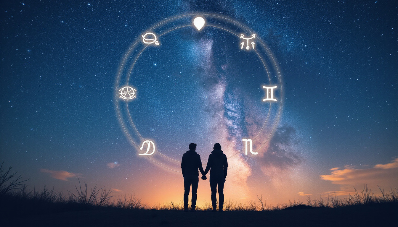  Couple silhouettes under starry sky, zodiac symbols orbiting, cosmic love guidance scroll