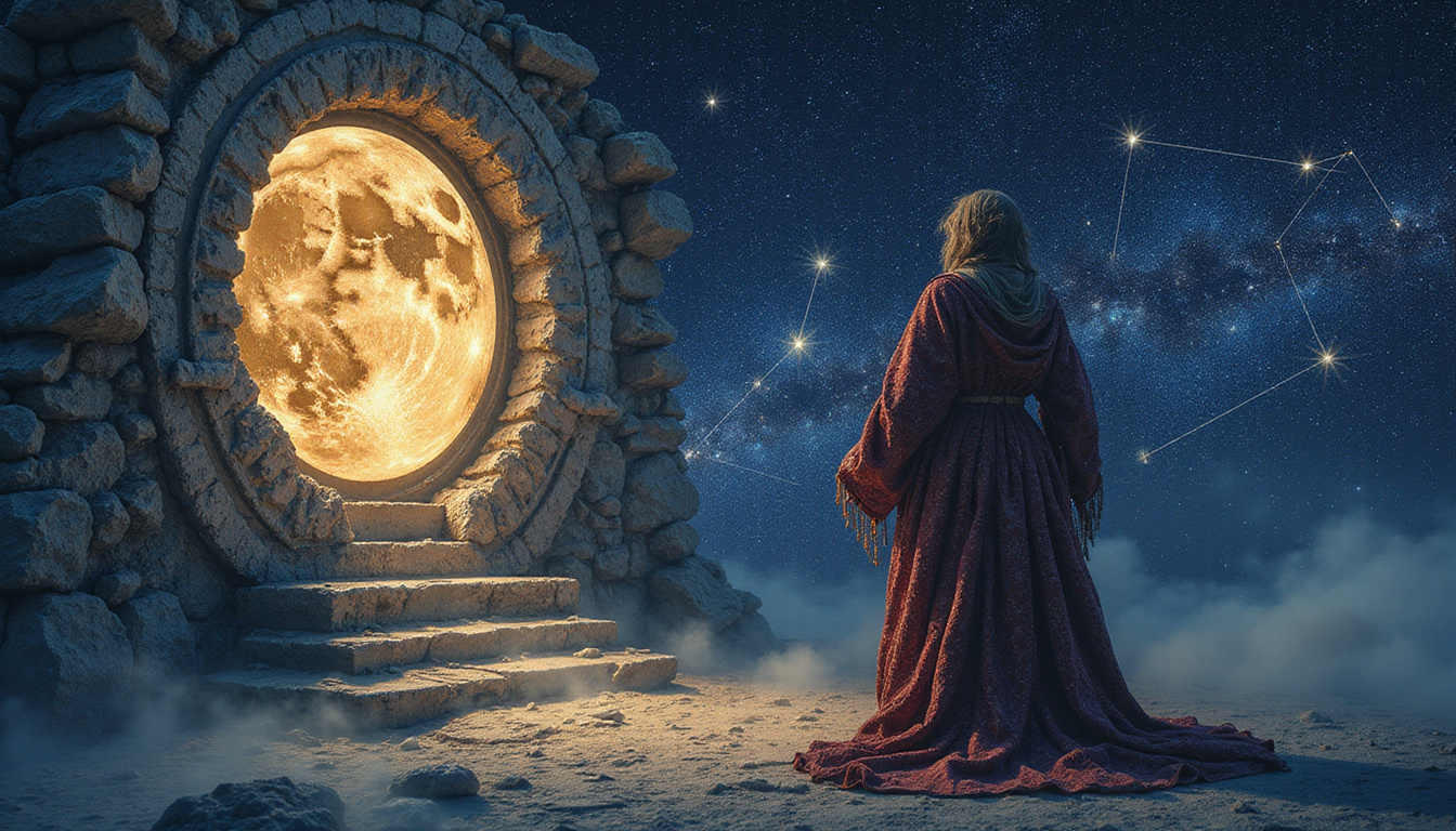  Ancient astrologer unlocking destiny door with moonlight, celestial threads, constellations, golden sigils