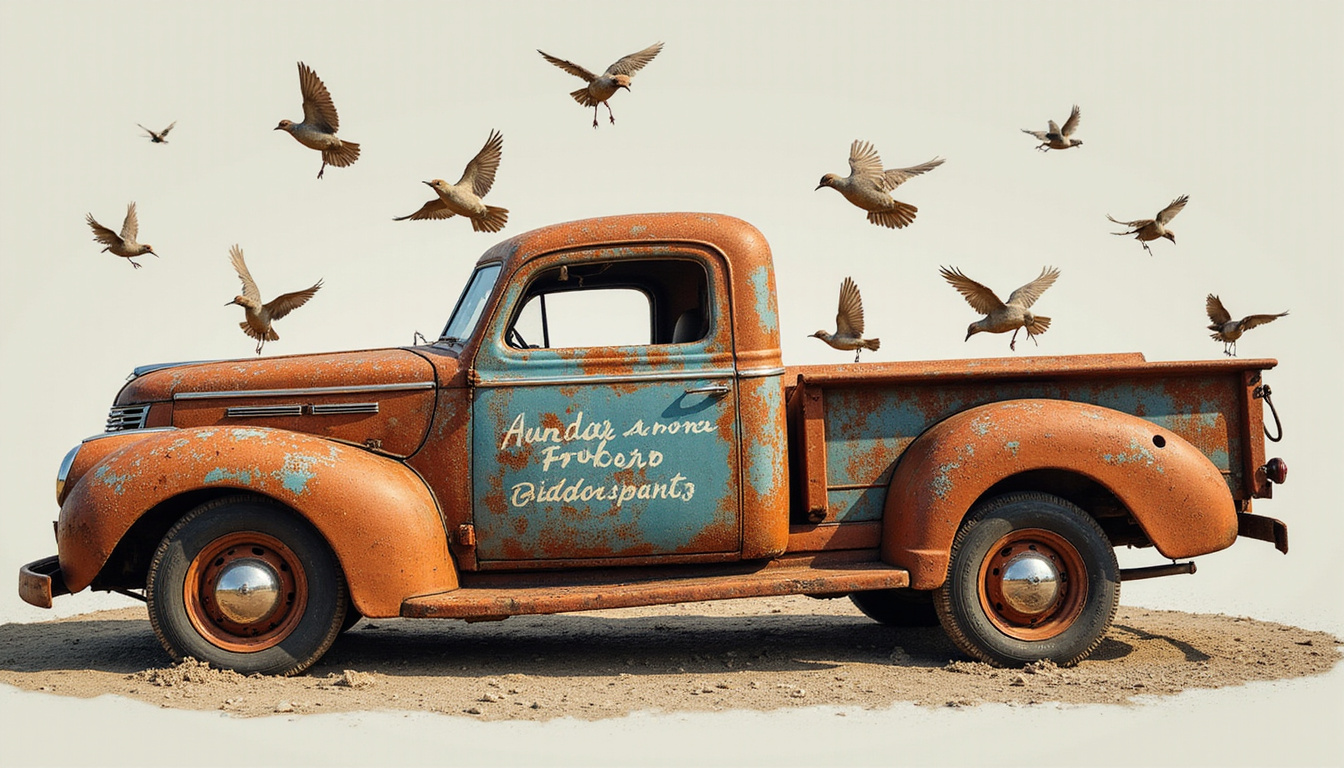 Rusty pickup truck covered in trending hashtags, Twitter birds swirling, headlines about reputation