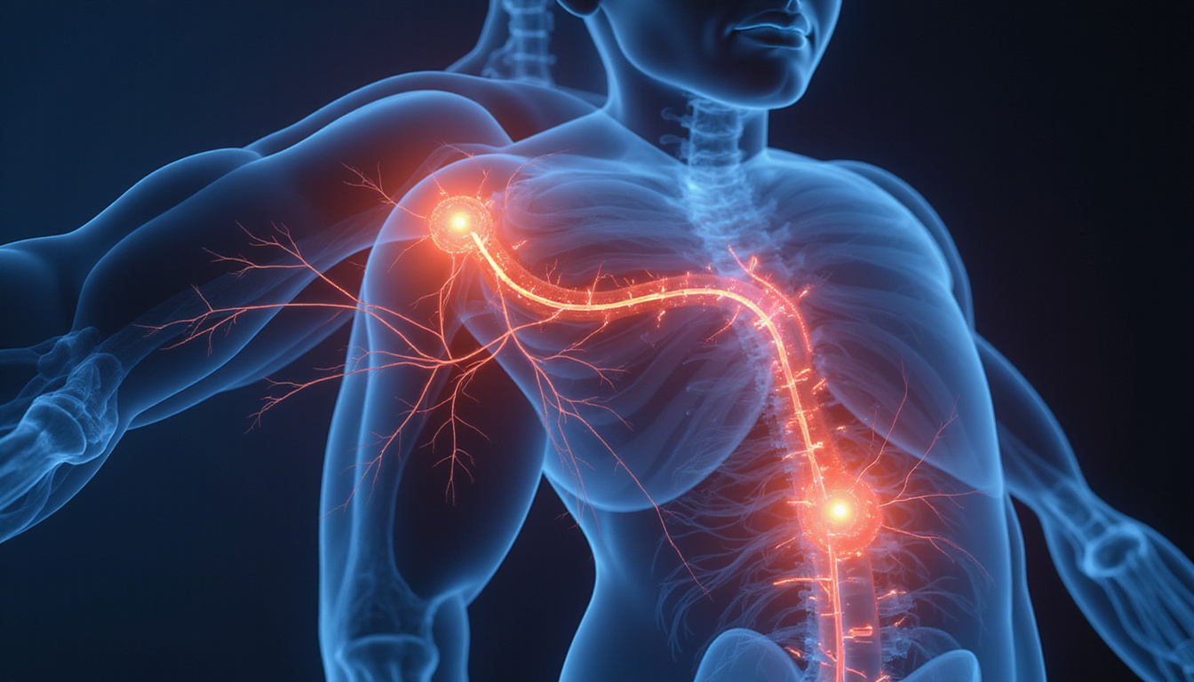  Graphic overlay of muscles and nerves relaxing, glowing pathways indicating pain reduction and increased flexibility