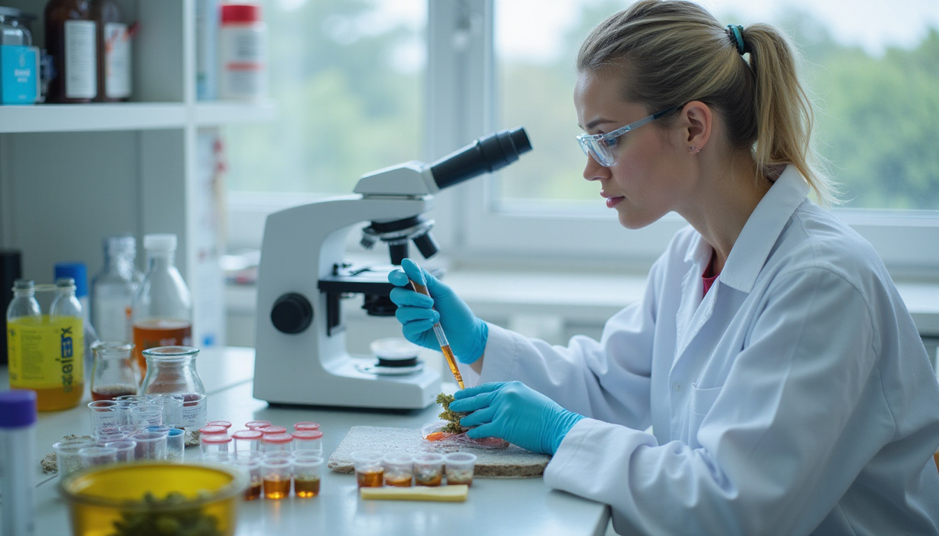  Scientific lab scene: cannabis samples, microscope, test tubes, safety labels, clear evidence-based treatment
