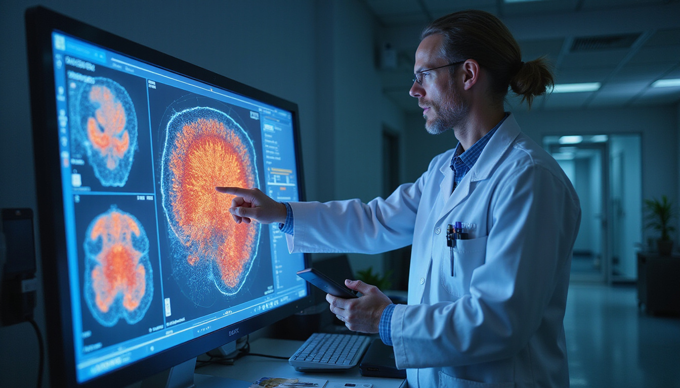  Oncologist analyzing digital tumor map with AR expression heatmap guiding targeted therapy decisions, futuristic clinical setting