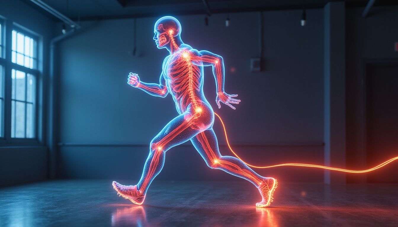  Transparent musculature overlay on runner, energy flow arrows along joints, futuristic training lab lighting