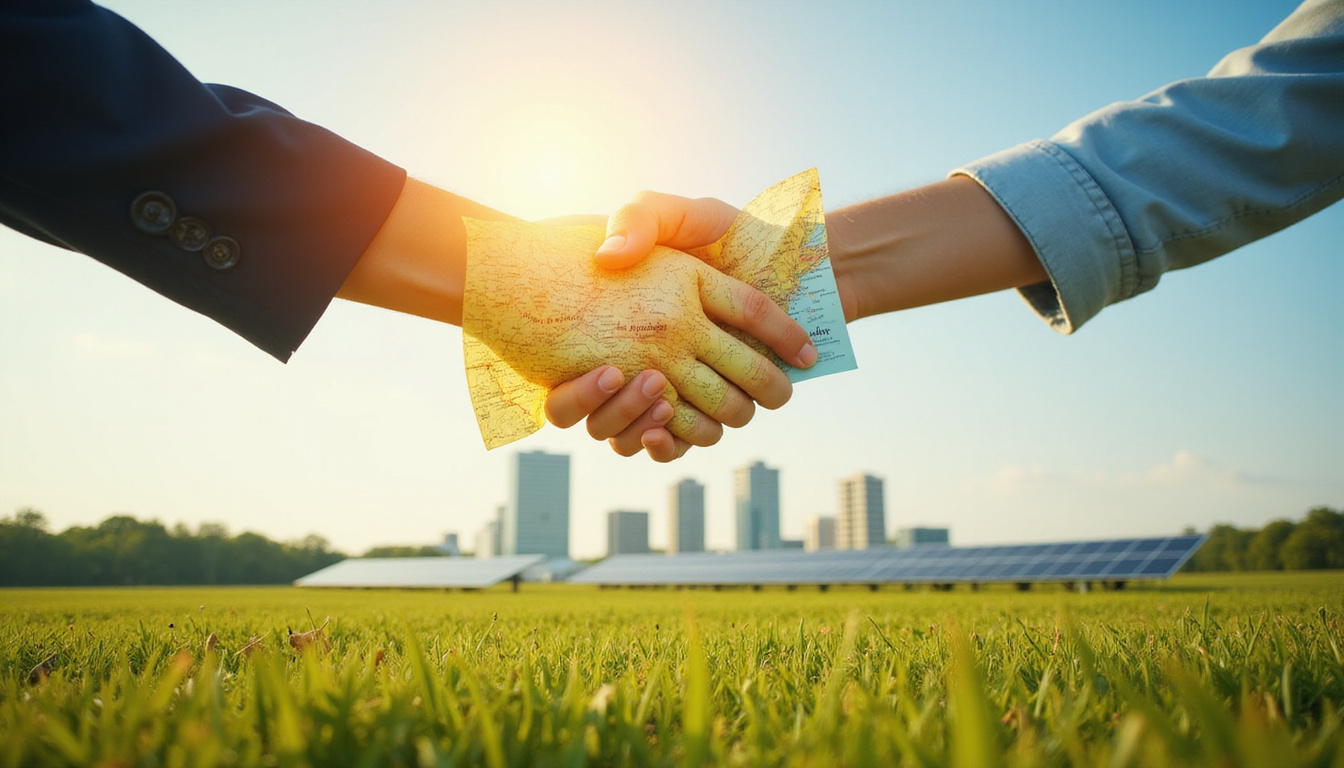  Investor hand holding map over fertile fields, handshake, solar panels, high-rise development silhouette