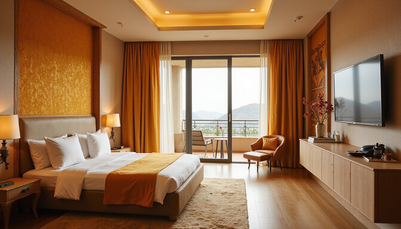  Minimalist luxury hotel interior blending pharaonic patterns, warm linen, private balcony, concierge with booking tablet