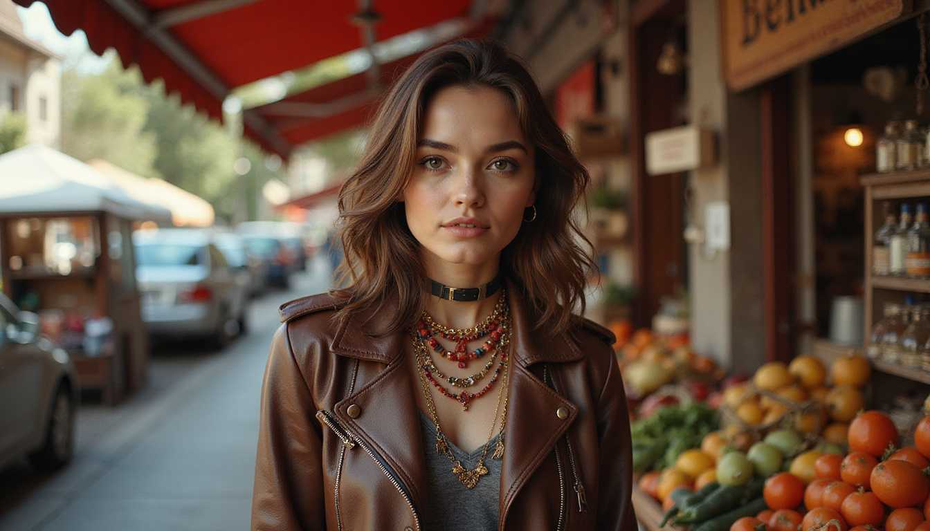 Stylish woman wearing leather jacket and layered cornicello charms, vintage Italian market background, film grain