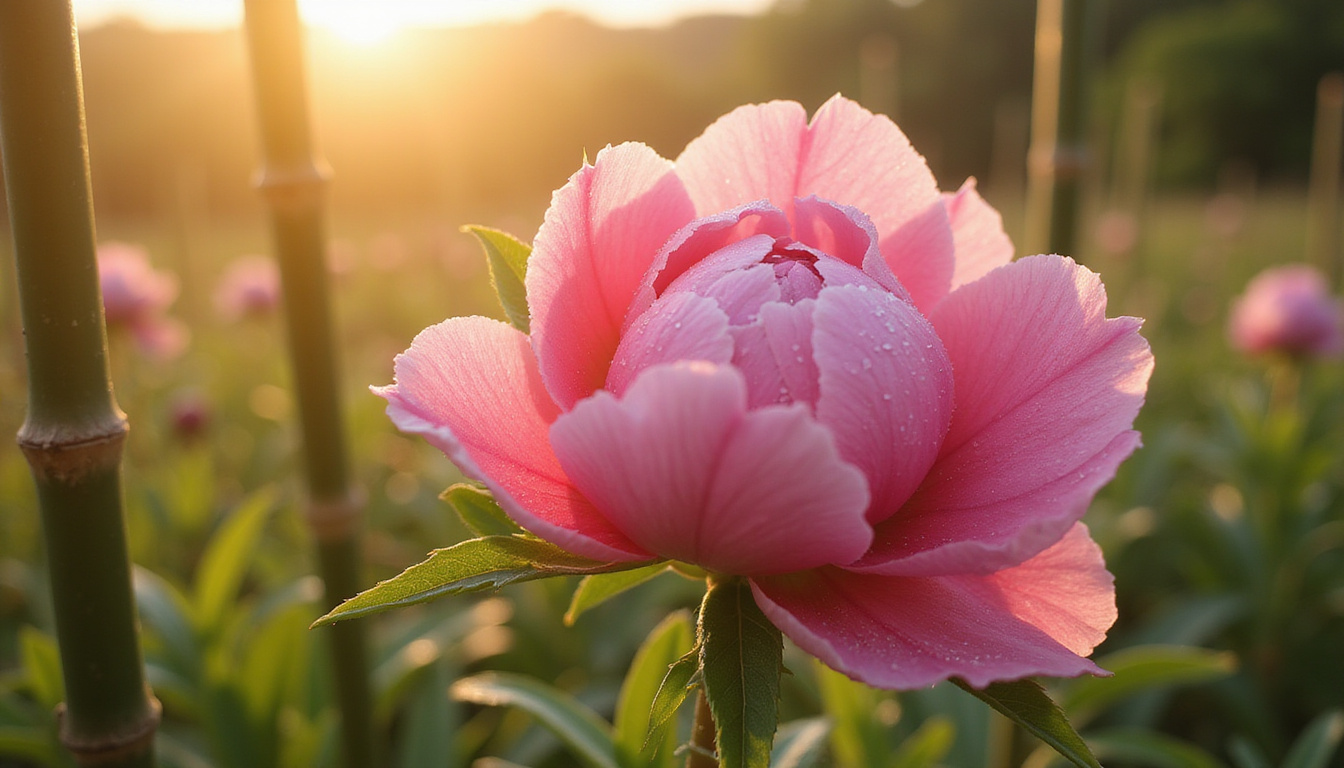 Sunlit macro of enormous pink peony bloom with dewy petals, bamboo stakes, cottage garden