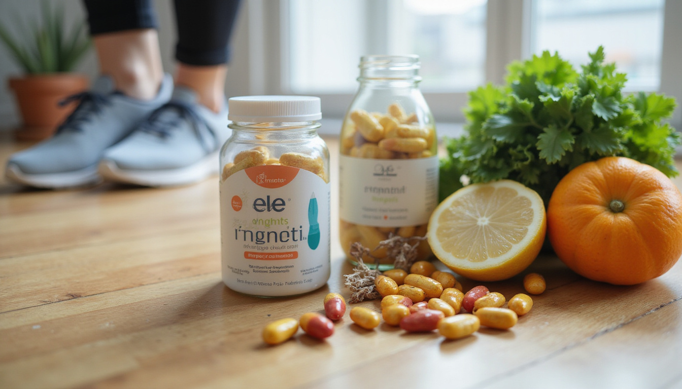  Close-up of prenatal vitamins, healthy meals, water bottle, gentle exercise shoes on wooden floor