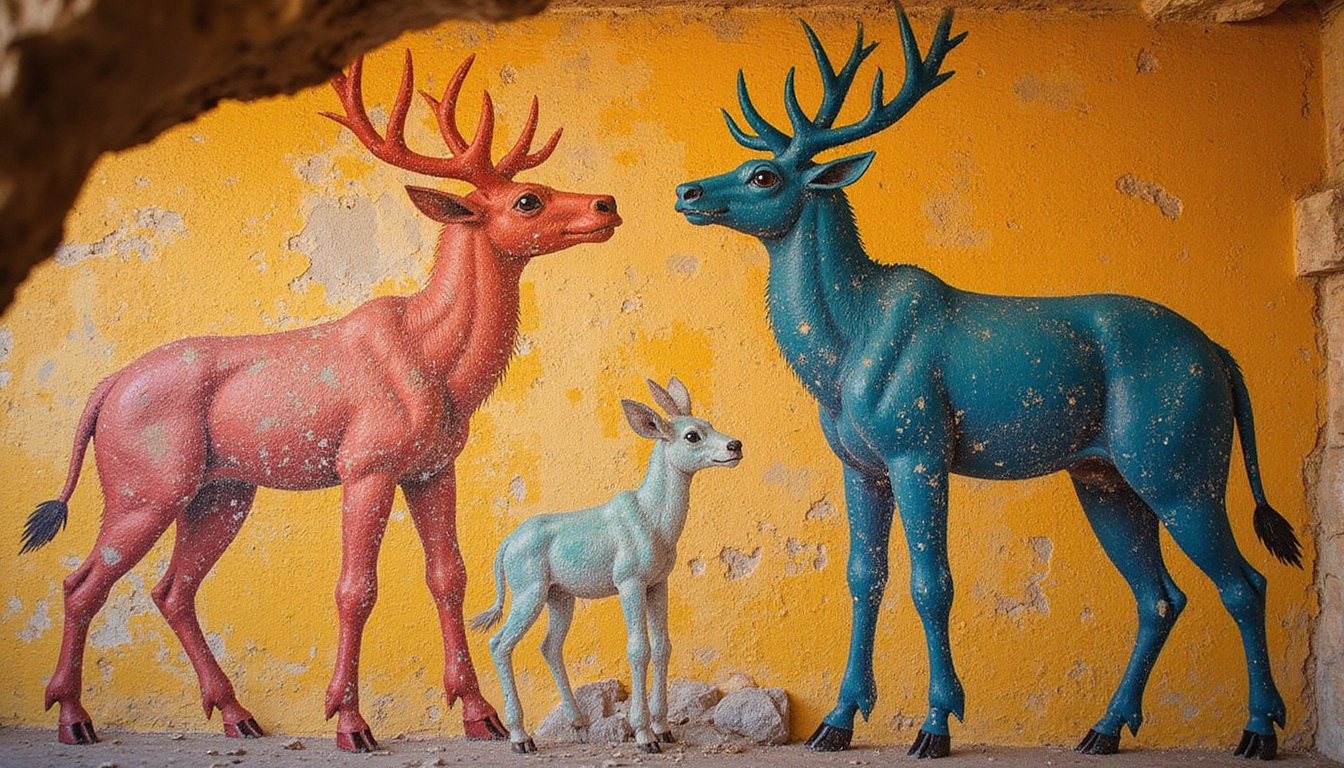 Ancient storytellers painting animal allegories on cave walls, humans mirrored in animal forms