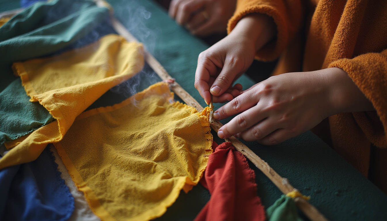  Close-up hands repairing faded prayer flags, embroidery details, incense smoke, instructional atmospheric lighting