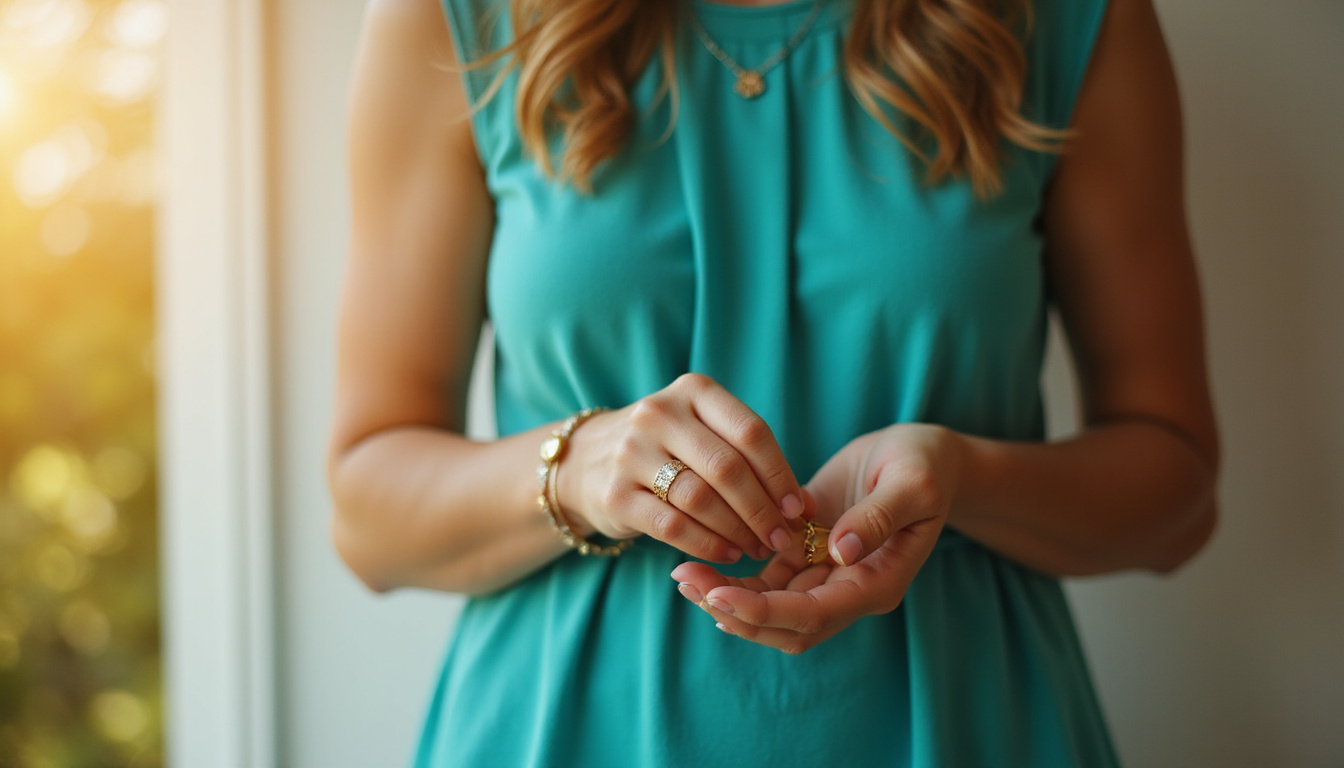  Woman wearing turquoise dress, holding lucky charm bracelet, morning ritual, soft golden light