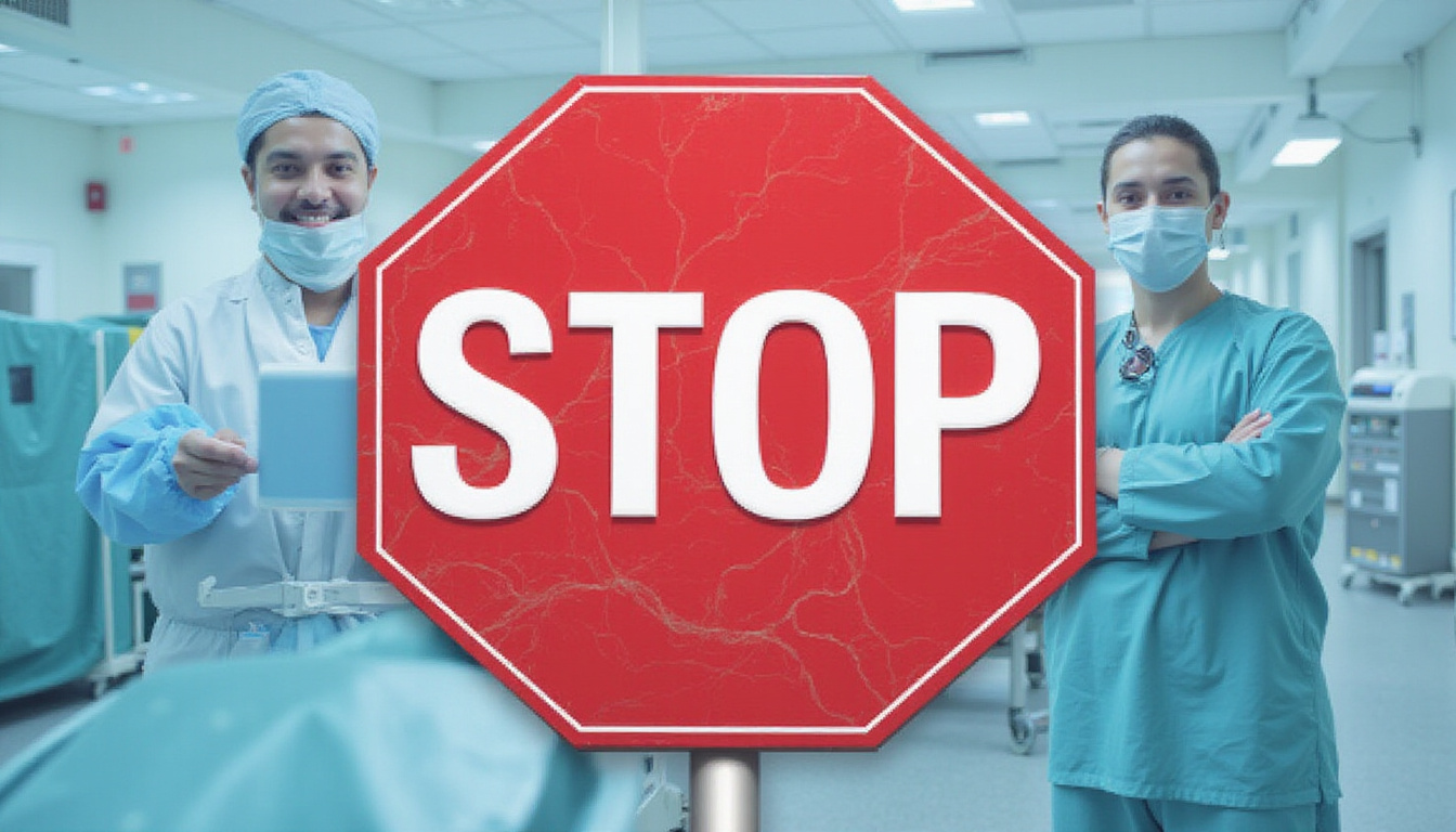  Red stop sign emblem integrated with shield-shaped hospital blueprint, clinicians collaborating to prevent harm