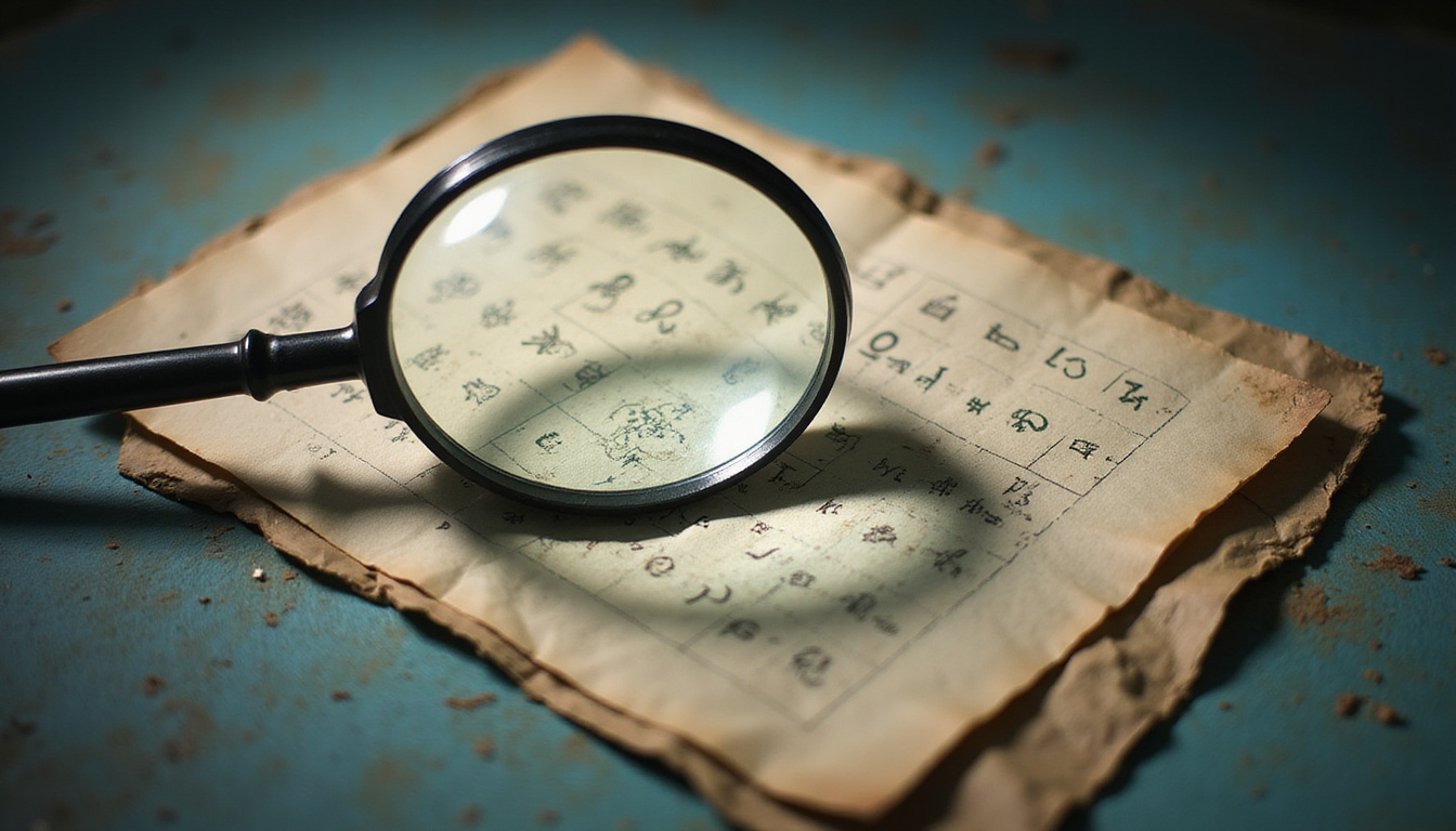 magnifying glass revealing seven faint medical symbols on old patient chart, dramatic lighting