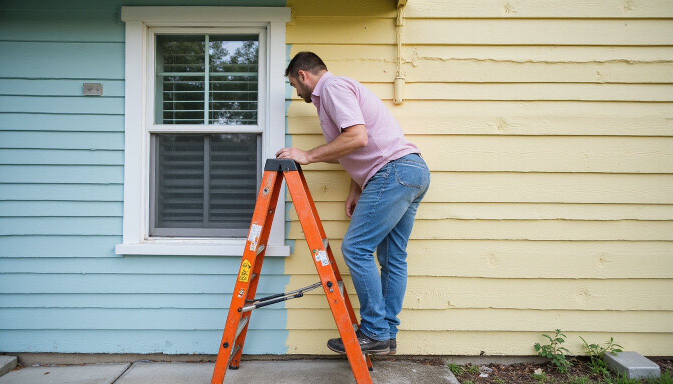  Wide shot of homeowner methodically stripping vinyl siding, ladder, careful technique, undamaged underlayer revealed