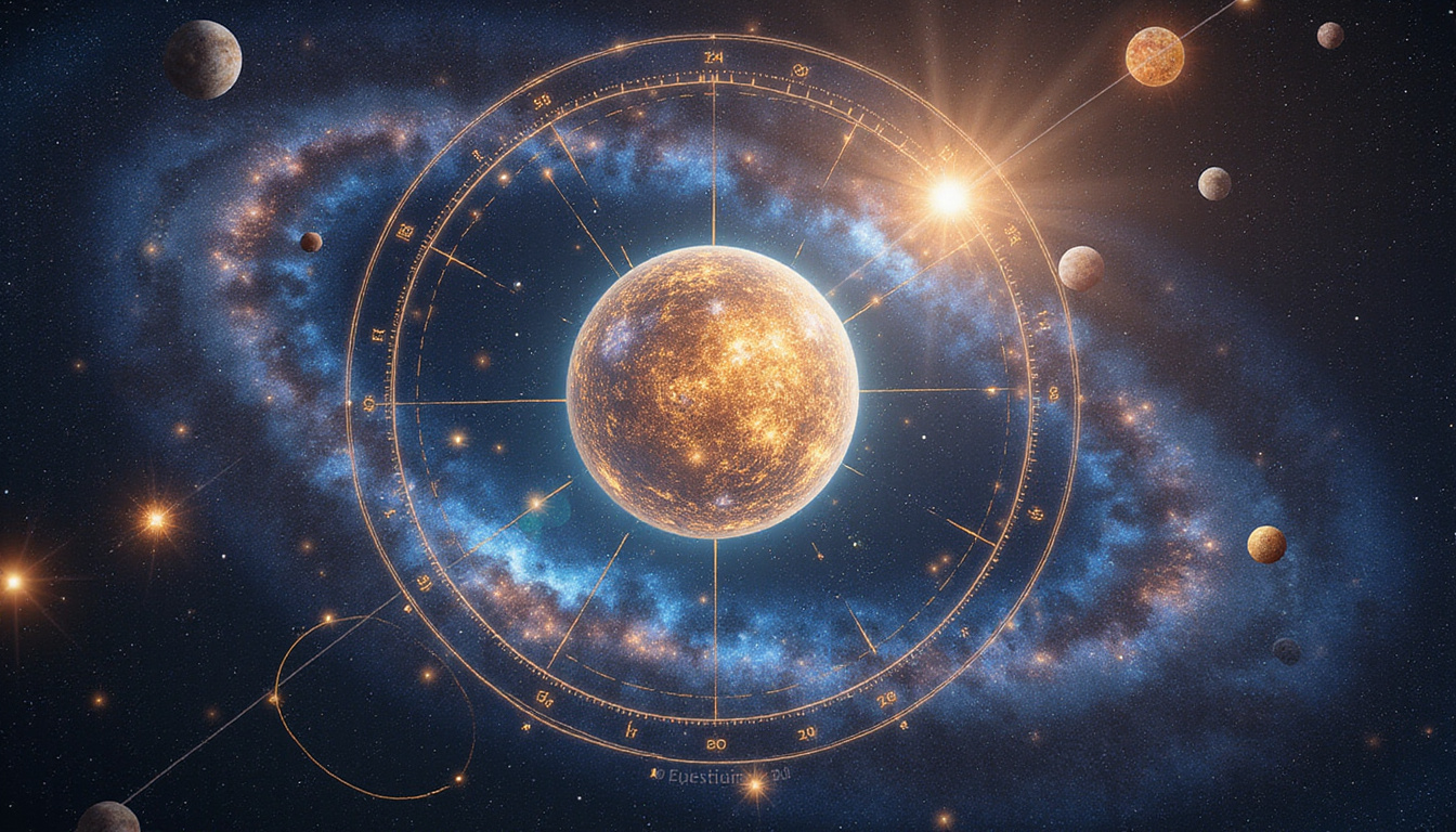 Astrologer decoding celestial aspects, golden transits, shadowed trines, dramatic cosmic light