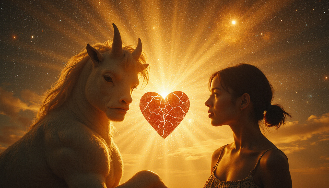  Human silhouette merging with centaur, cracked porcelain heart mending into golden light, cosmic backdrop