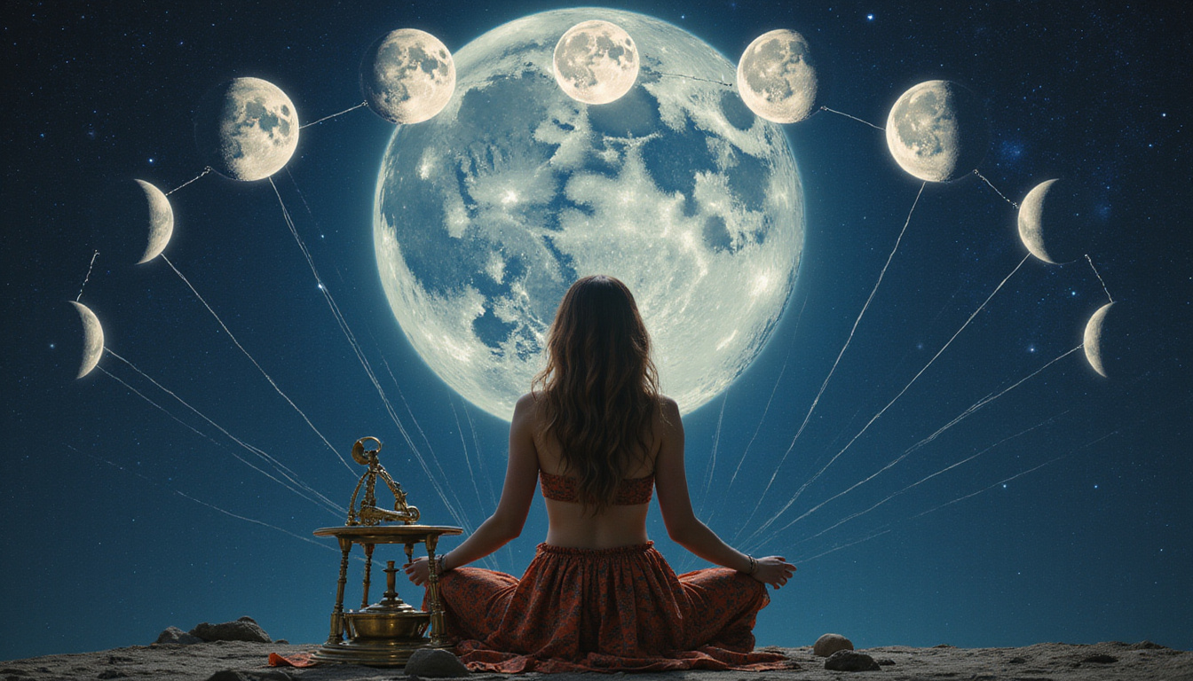 Mystic woman using brass astrolabe under full moon, energy lines connecting moon phases