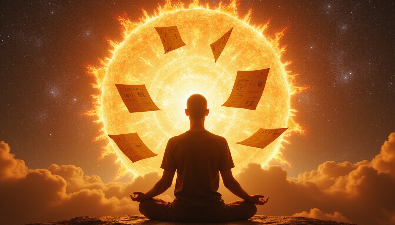 Person meditating with solar aura, calendar pages floating, astrological symbols, cosmic guidance light