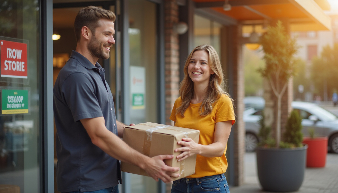 Smiling courier handing package to happy customer outside budget store, discount signs, cinematic golden hour