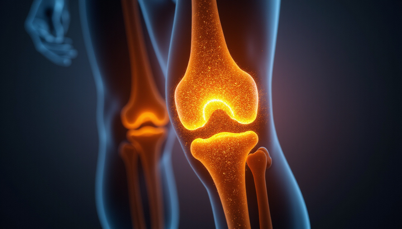  Healthy human knee joint illuminated by glowing golden curcumin particles enhancing cartilage, clinical scientific lighting