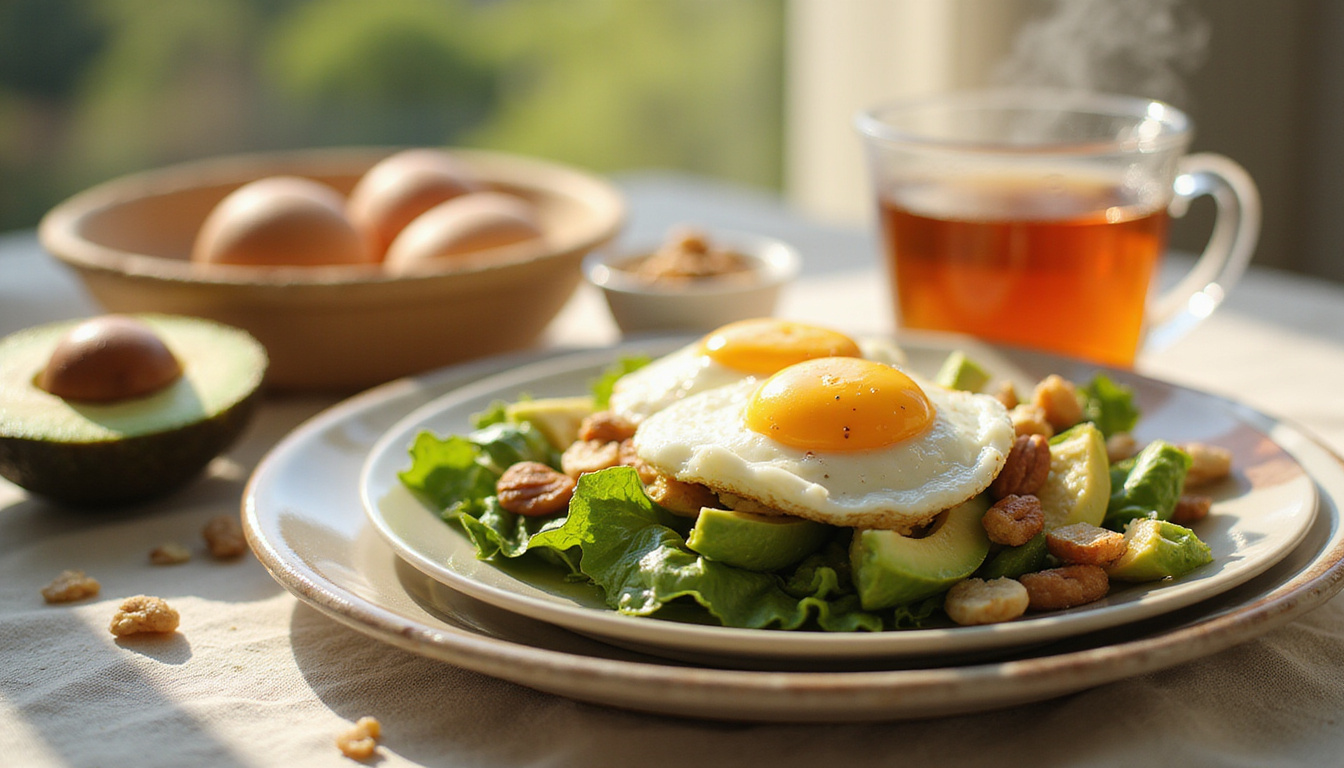  Healthy breakfast spread: eggs, avocado, nuts, leafy greens, steaming tea, serene bedroom sunlight
