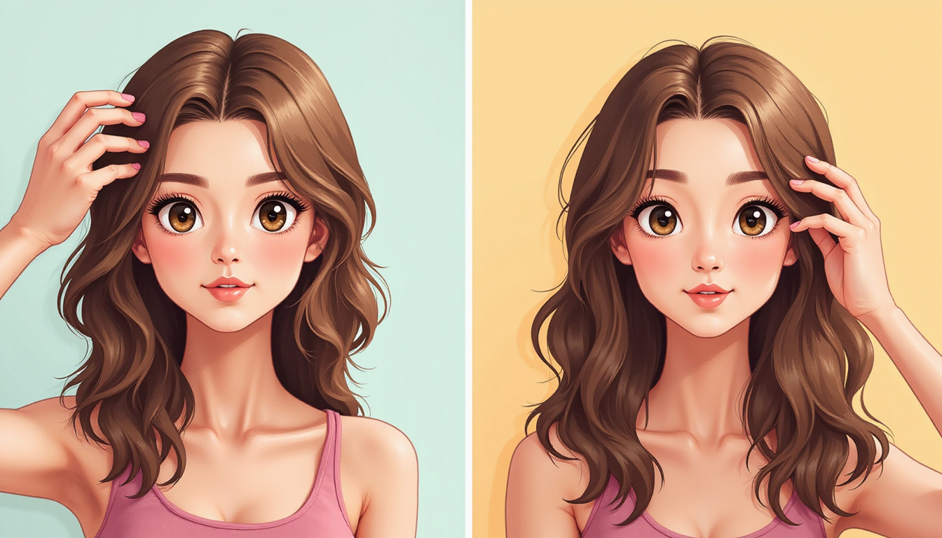  Before-and-after portrait: thinning hair to voluminous growth, scalp massage, balanced diet icons