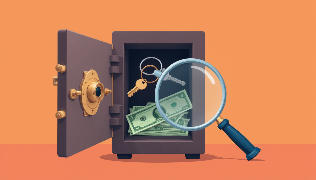  Vintage safe opening to reveal keys and dollar bills, magnifying glass, minimalist flat design