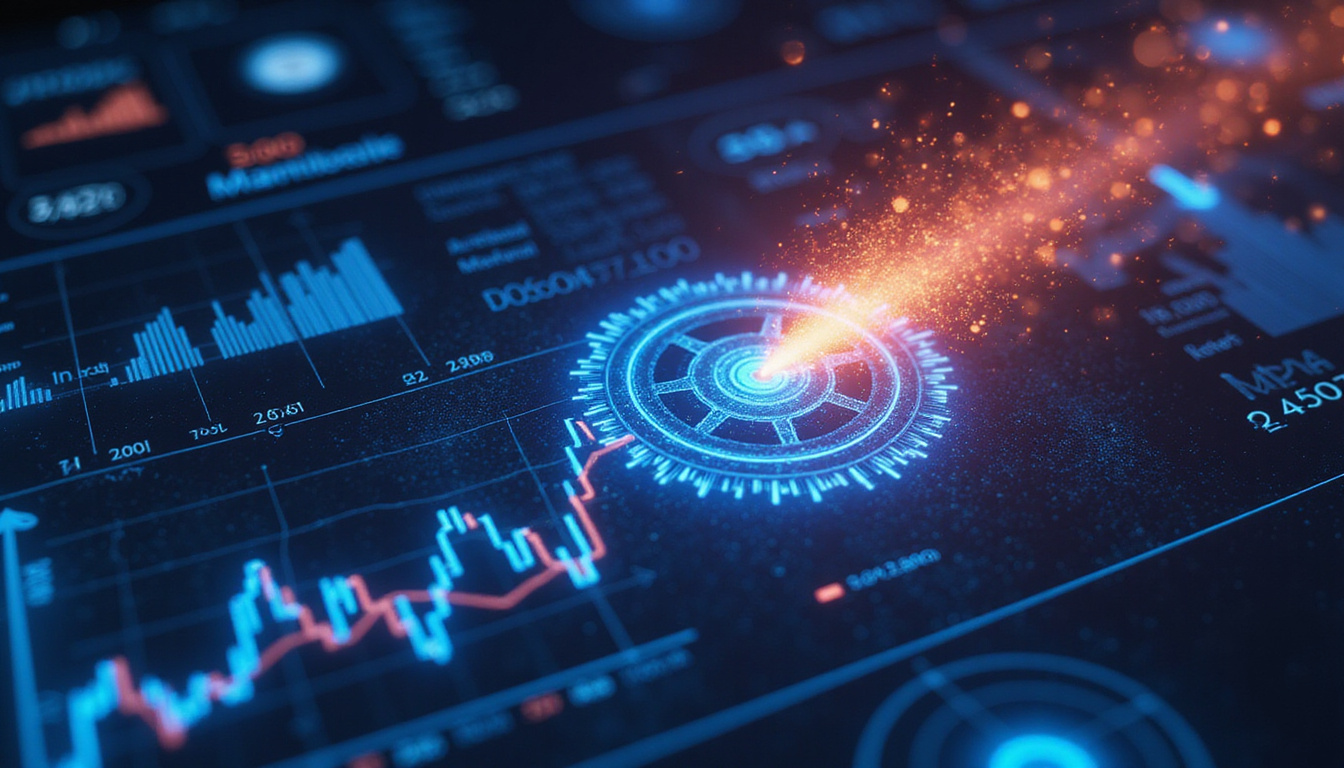  High-energy dashboard where neural gears morph into rocket marketing charts supercharging campaigns