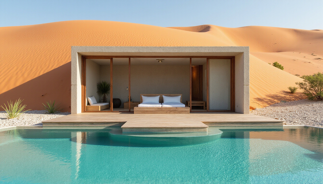  Serene spa pavilion with desert dunes backdrop, turquoise coral reef, yoga deck, sustainable luxury