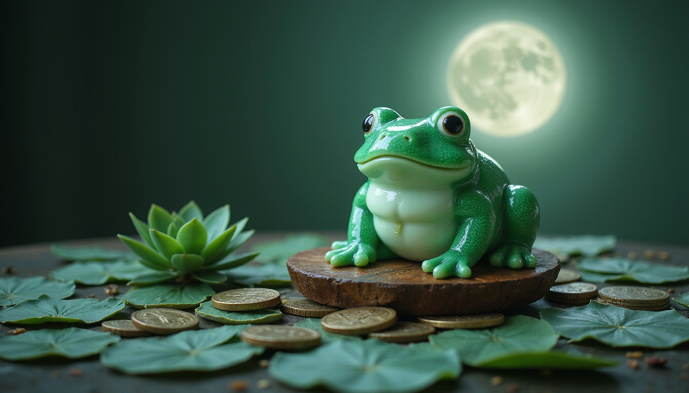 Moonlit altar with jade money frog surrounded by lotus, coins, subtle aura of abundance