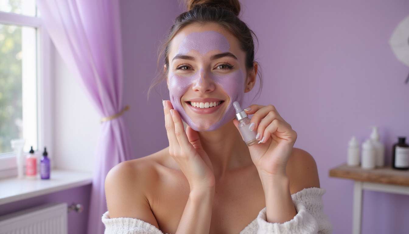  Dewy lavender skincare ritual, woman applying serum, glass bottles, pastel bathroom, serene smile