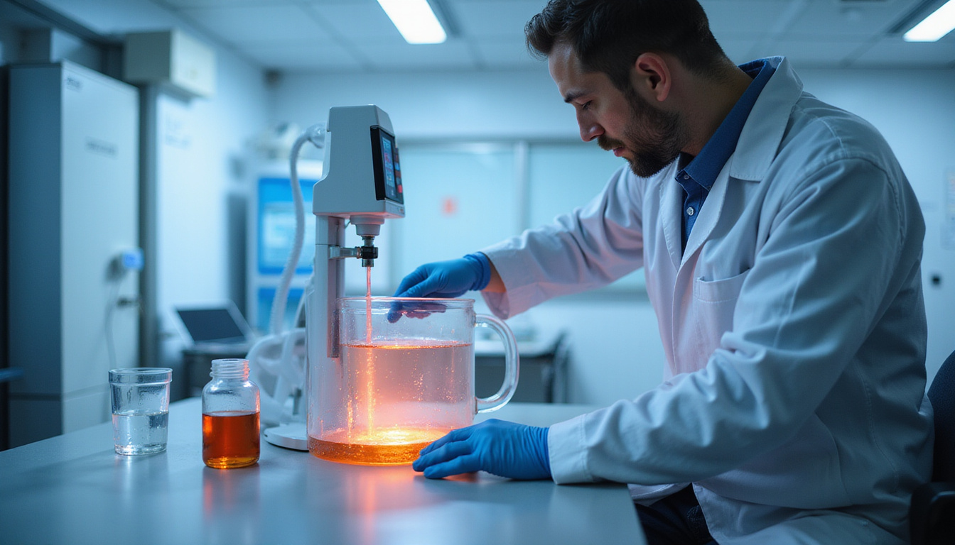  Scientist calibrating digital rheometer, temperature-controlled bath, annotated overlays, crisp high-key photography