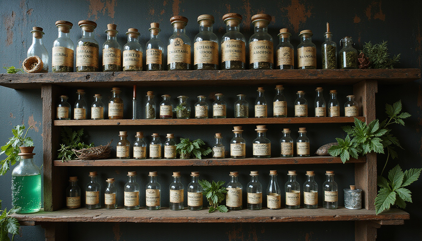 Antique apothecary shelves with labeled vials, herbs, syringes, paw prints, mysterious emerald vial