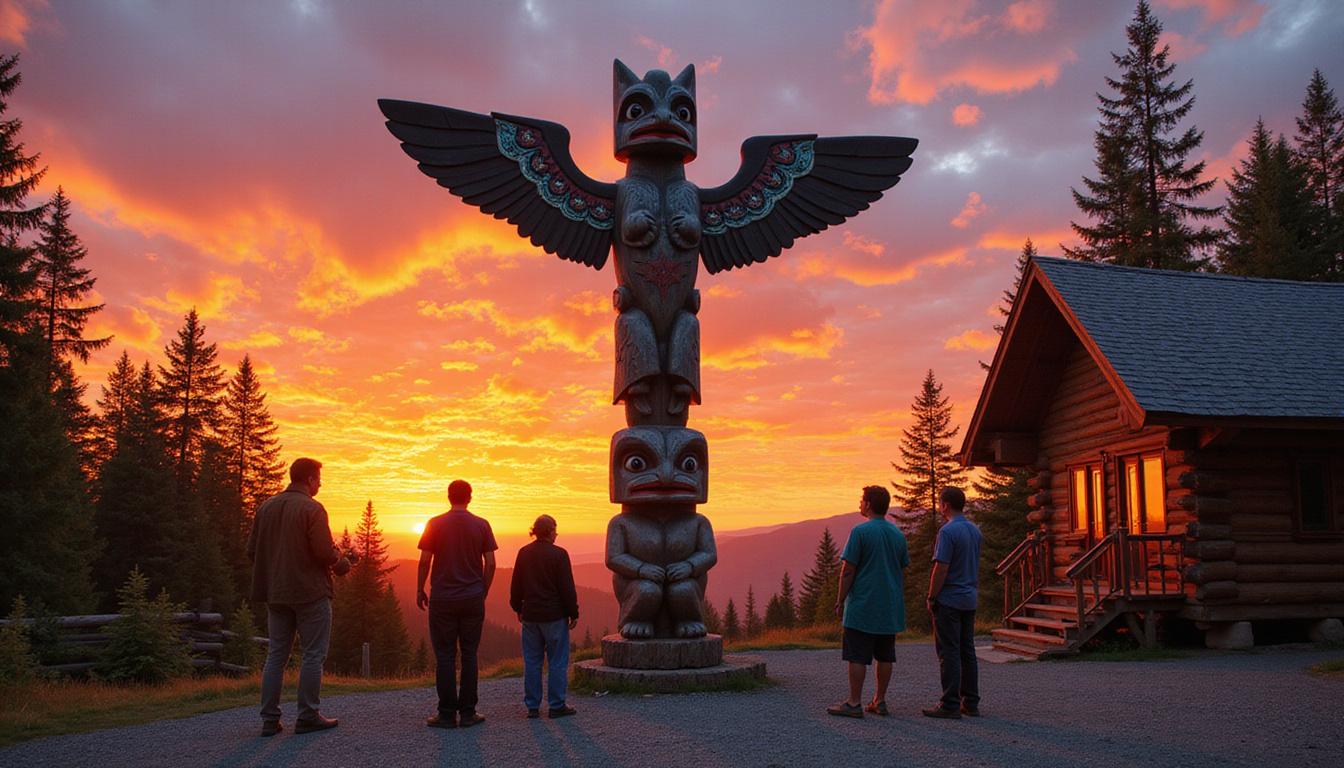 Village elders respectfully narrating symbolic totem pole figures against sunset, cedar longhouse backdrop