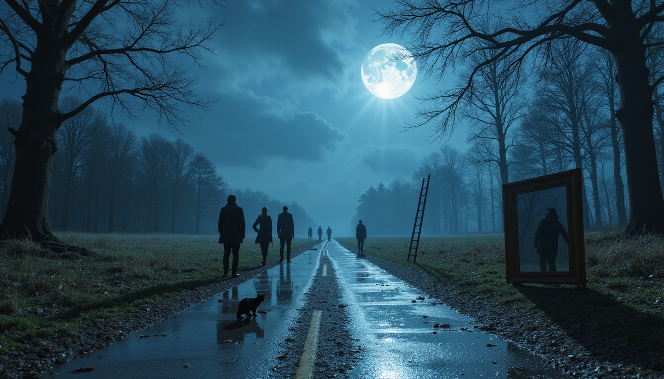 Crossroads strewn with black cat, broken mirror, ladder, people hesitating under eerie moonlight