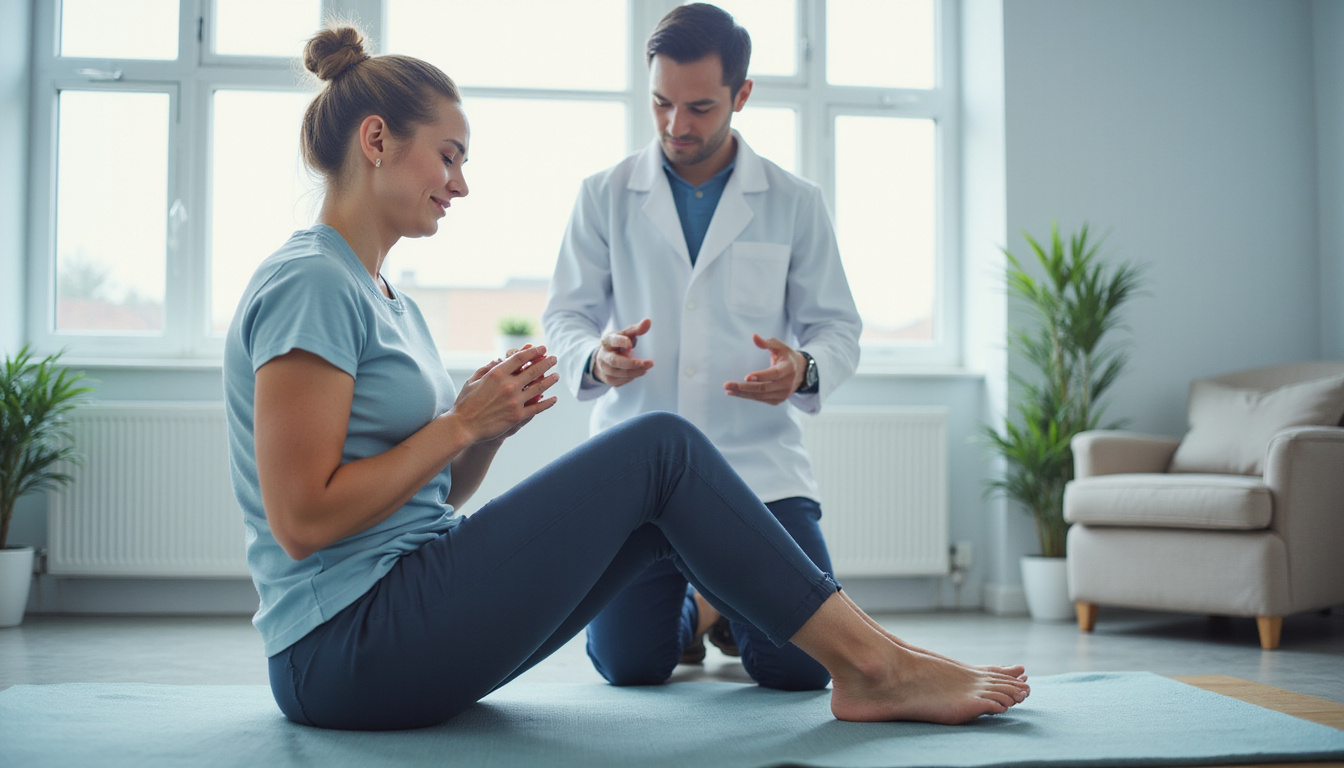 Middle-aged person clutching lower back and both legs, clinical setting, physiotherapist demonstrating gentle stretching