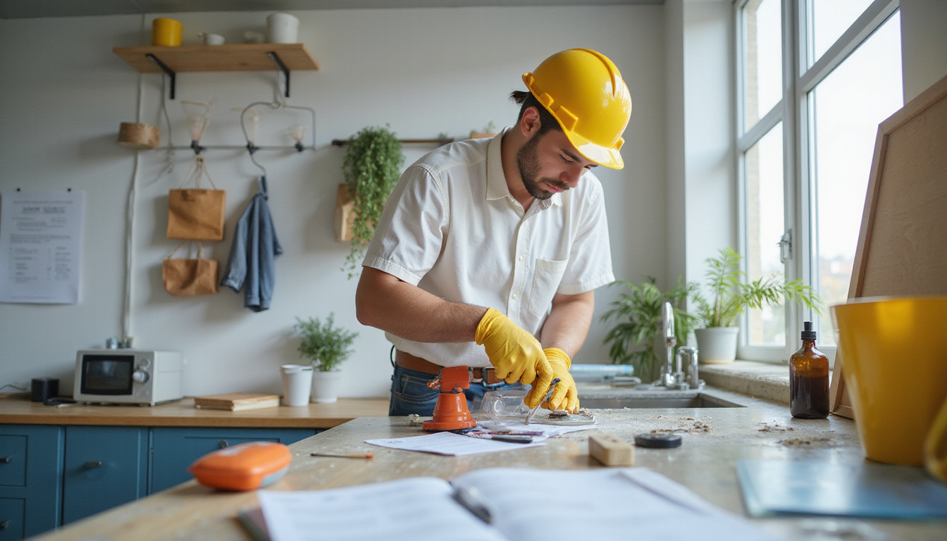 Calm professional in safety gear carefully removing quartz counter, organized tools, checklist, labeled invoices, bright natural light