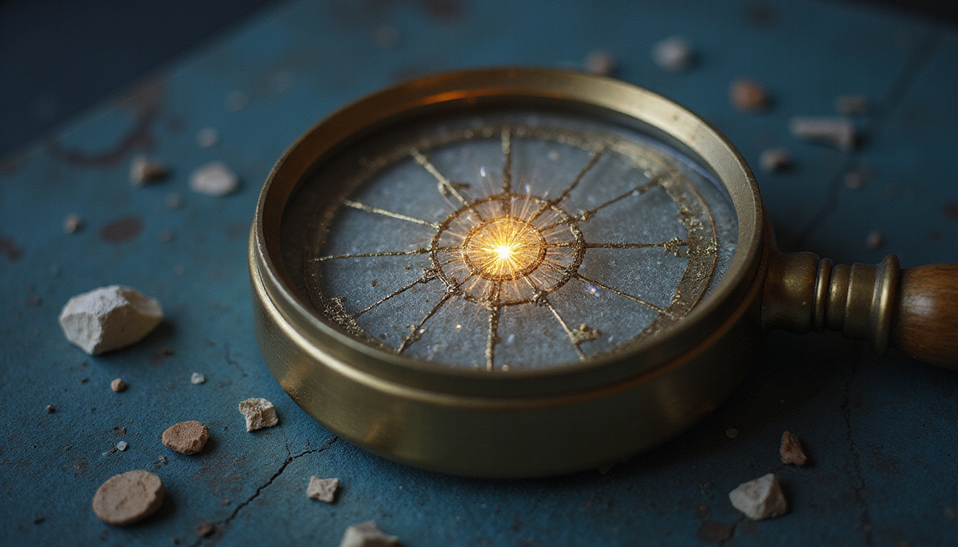 Vintage magnifying glass revealing tiny astrological symbols on human heart, whispered starlight