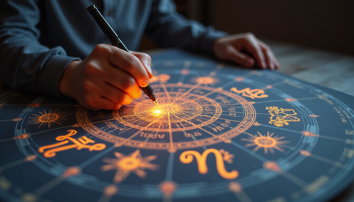 Person tracing astrological birth chart with glowing ink, celestial symbols swirling, hushed reverence