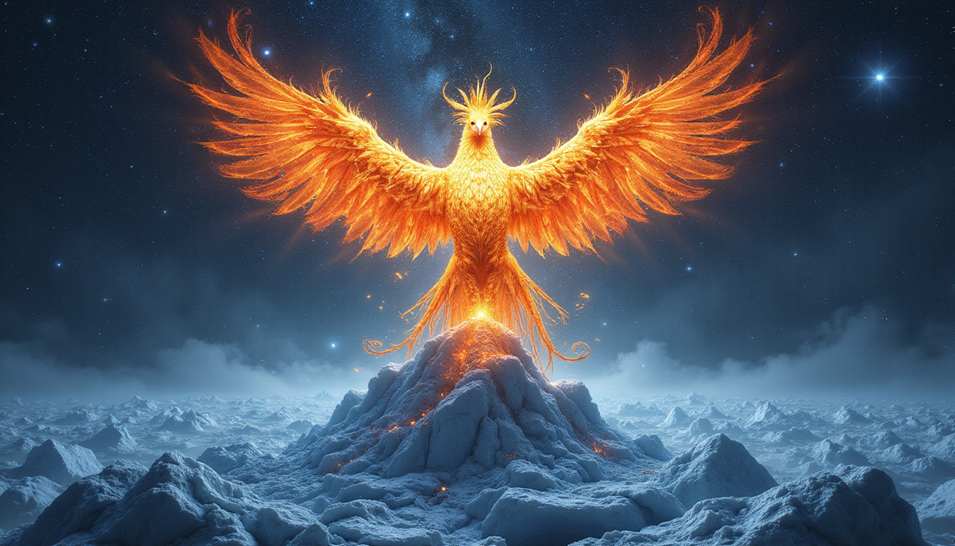 Ancient phoenix rising from icy Plutonian crust, hourglass of stars, enduring transformational chemistry
