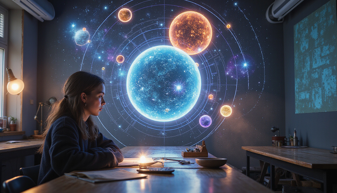 Young person studying planetary transits, holographic planets and lines, mystical classroom atmosphere