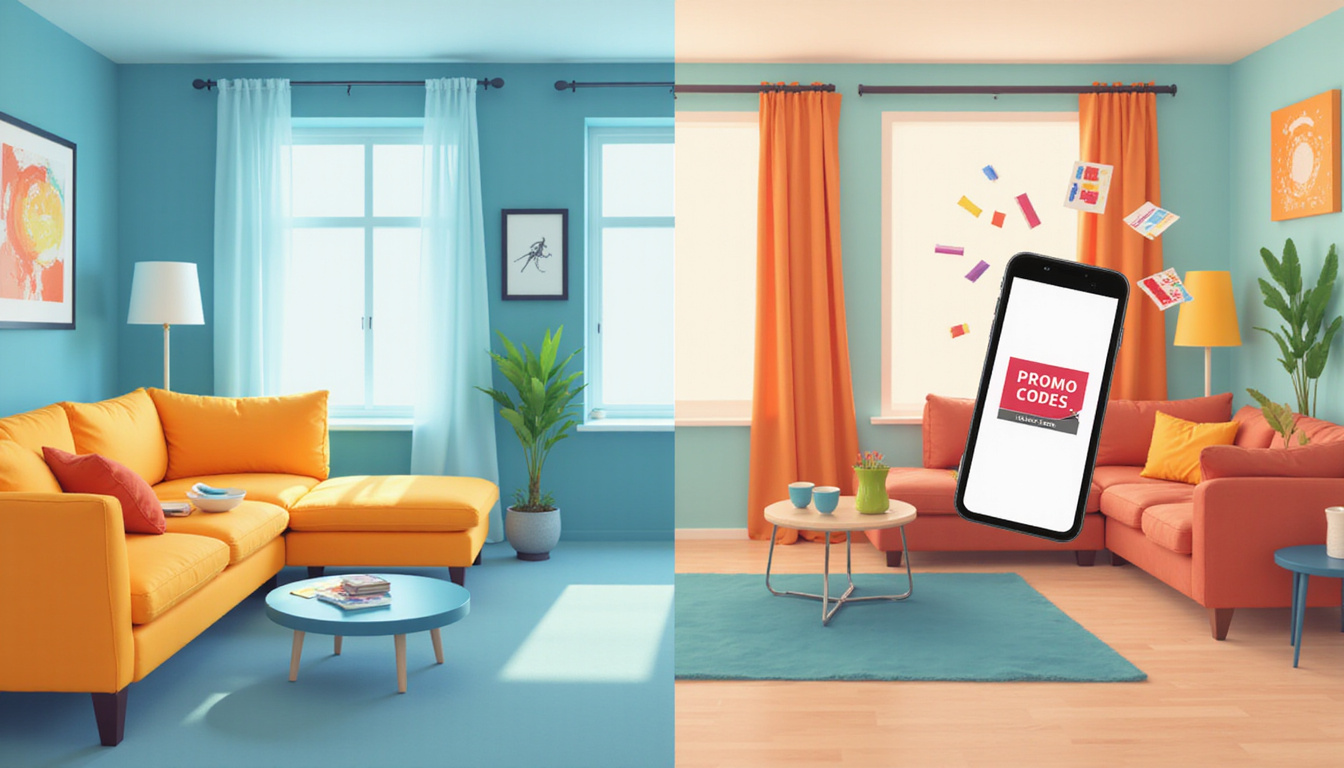 Before-and-after living room transformation, discount tag and smartphone displaying PROMO CODE, confetti and savings icons